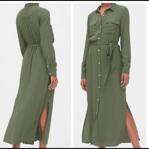 GAP Maxi  Shirtdress Green Long Sleeve Lar…
